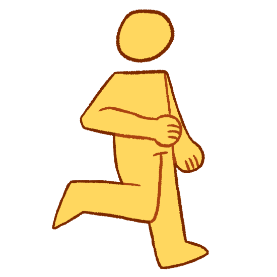 an emoji-yellow person walking to the right. they have their right leg and right arm up as they walk. they are walking without assistance